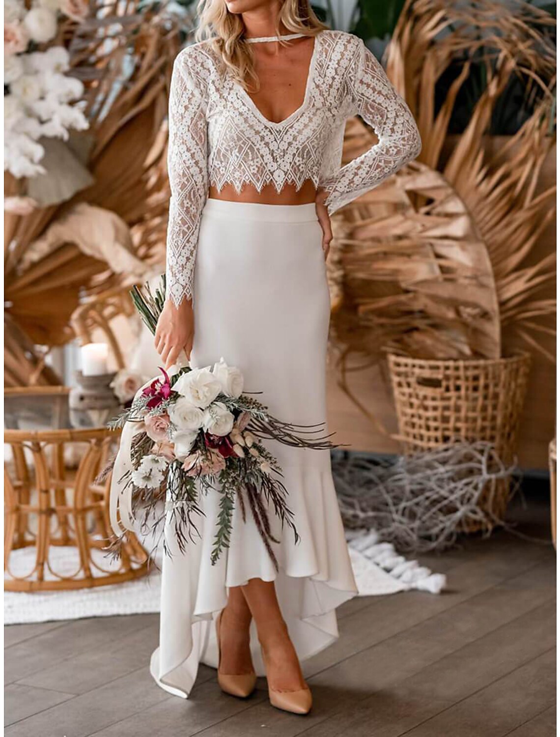 Wholesale Beach Boho Wedding Dresses Two Piece V Neck Long Sleeve Asymmetrical Chiffon Bridal Gowns With Appliques